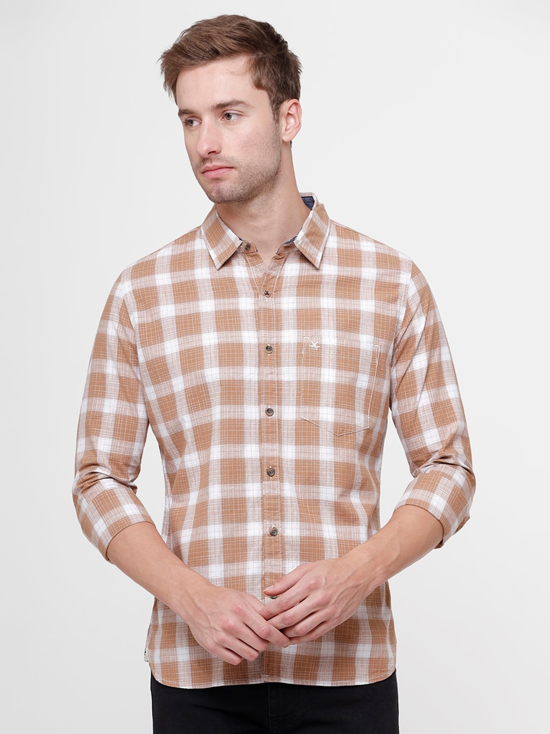 

WROGN Men Brown & White Slim Fit Checked Casual Shirt