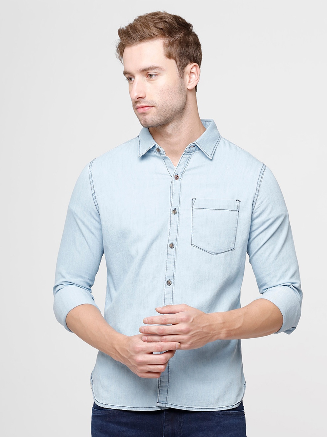 

WROGN Men Blue Slim Fit Cotton Casual Shirt