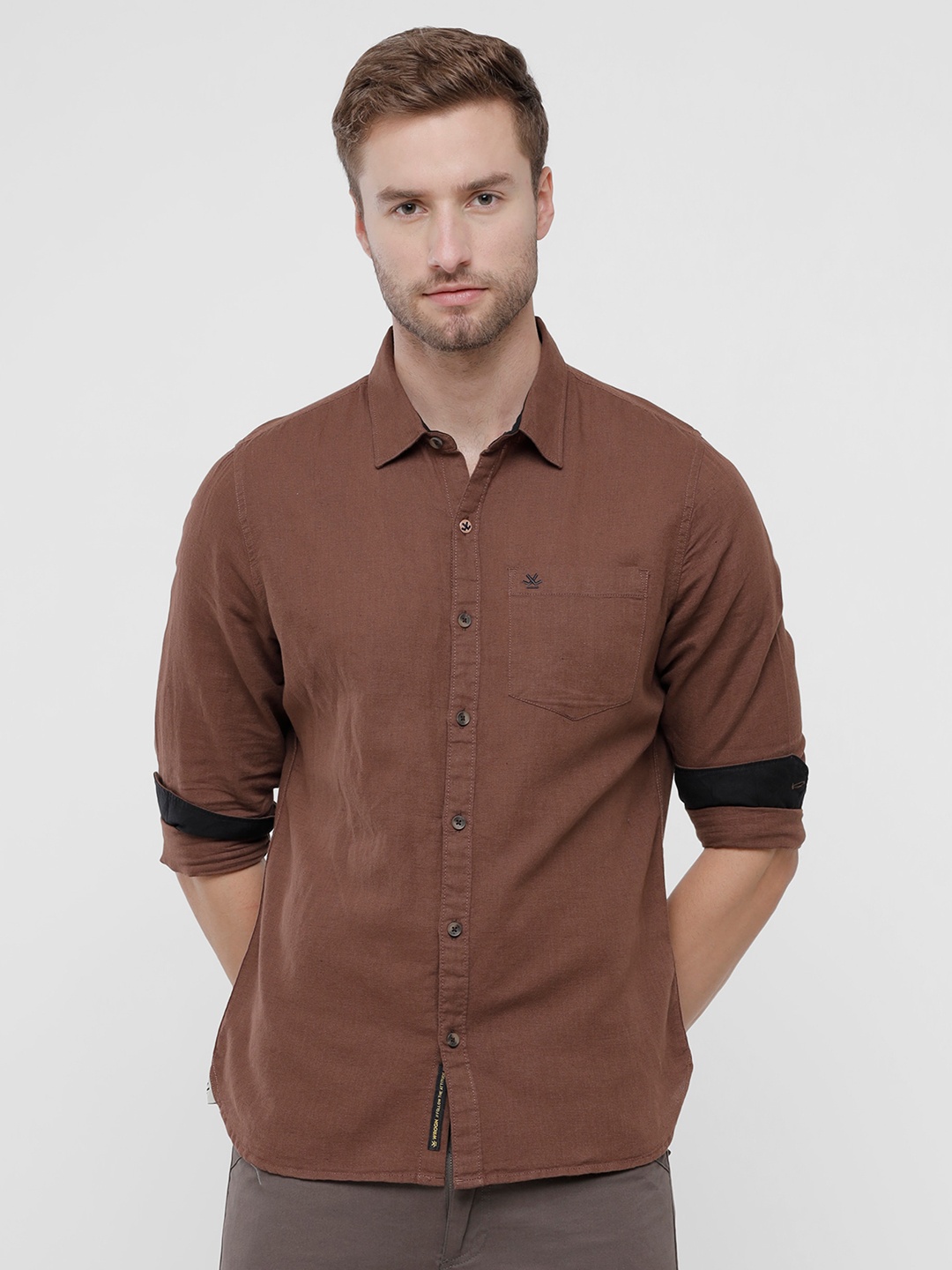 

WROGN Men Brown Slim Fit Cotton Linen Casual Shirt