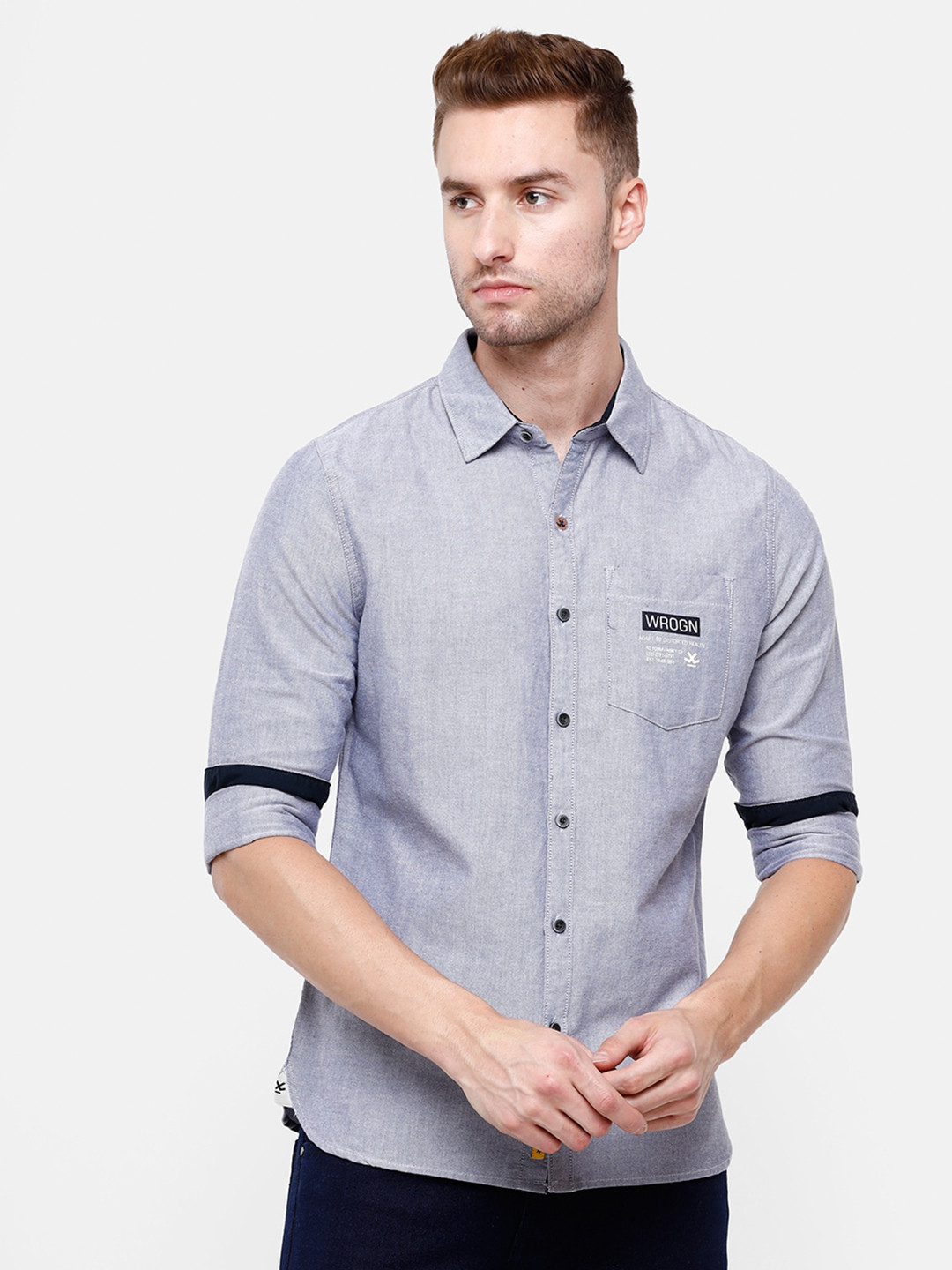 

WROGN Men Navy Blue Slim Fit Cotton Casual Shirt With Oxford Weave