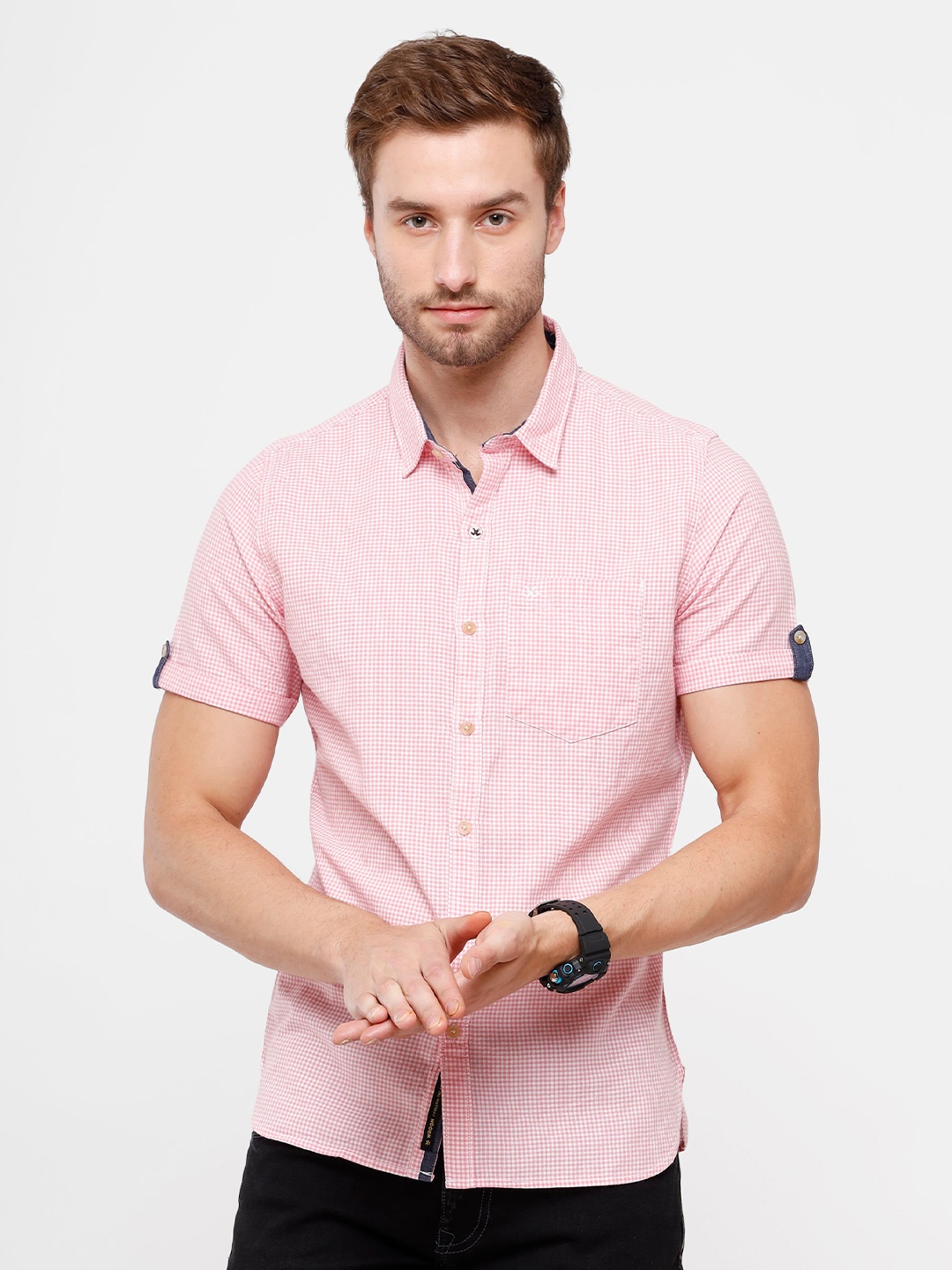 

WROGN Men Pink & White Slim Fit Micro Checked Pure Cotton Twill Casual Shirt