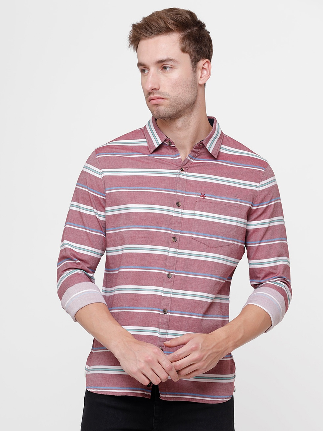 

WROGN Men Red Horizontal Stripes Striped Slim Fit Cotton Casual Shirt