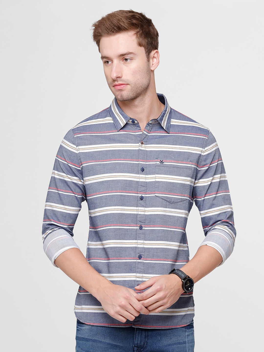 

WROGN Men Navy Blue Horizontal Stripes Striped Slim Fit Cotton Casual Shirt