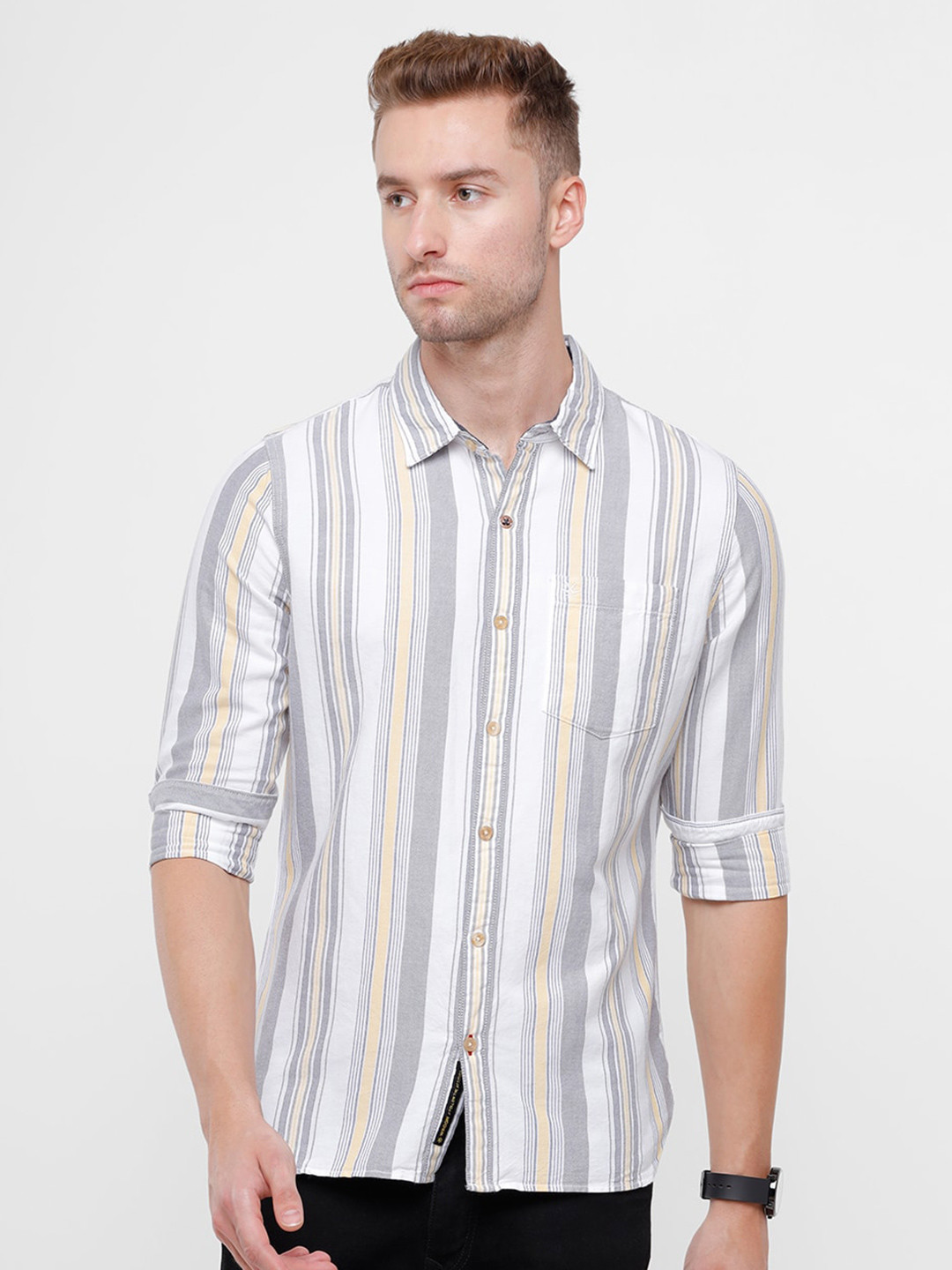 

WROGN Men Yellow & Grey Slim Fit Striped Casual Shirt