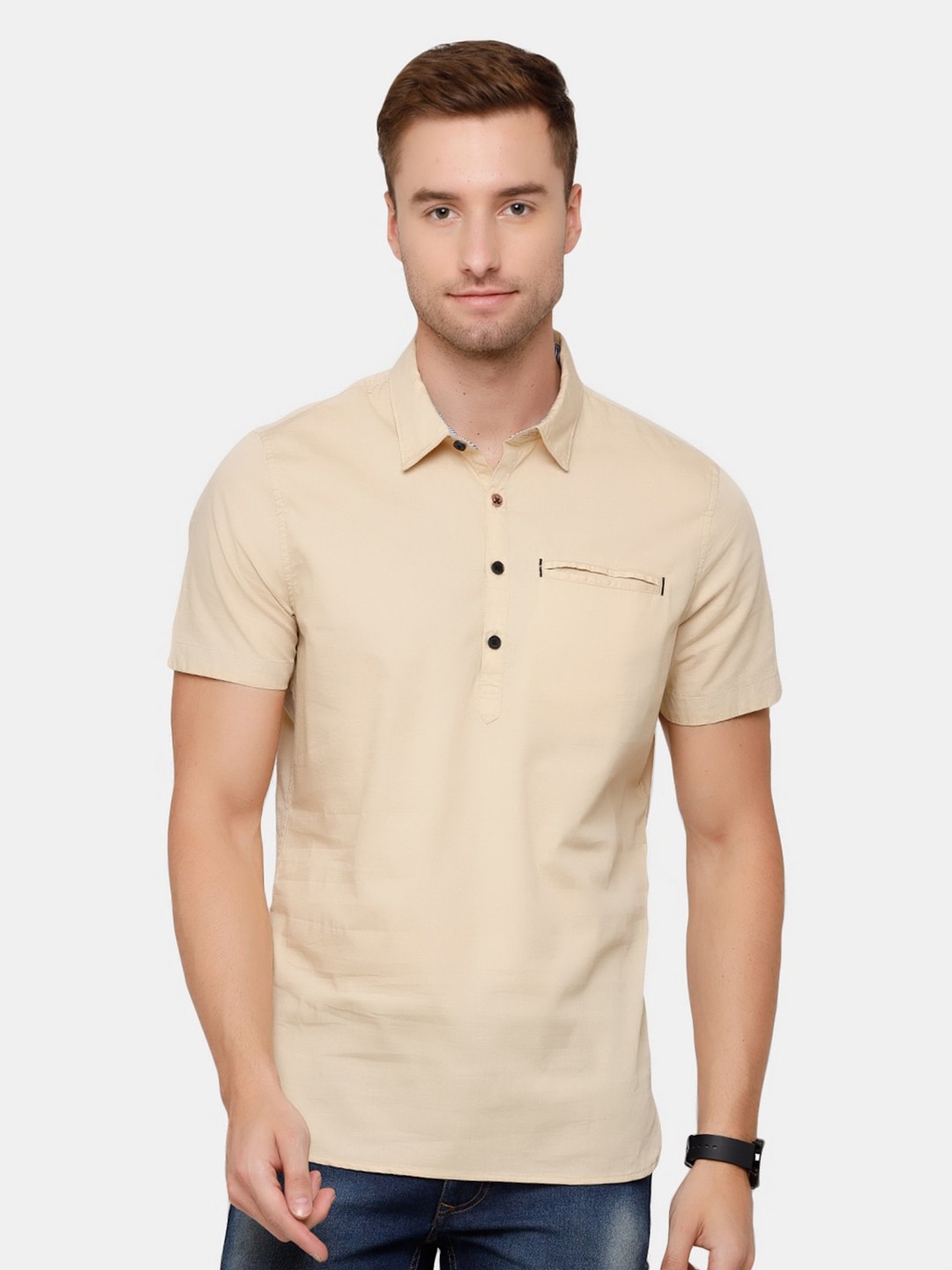 

WROGN Men Beige Slim Fit Pure Cotton Casual Shirt