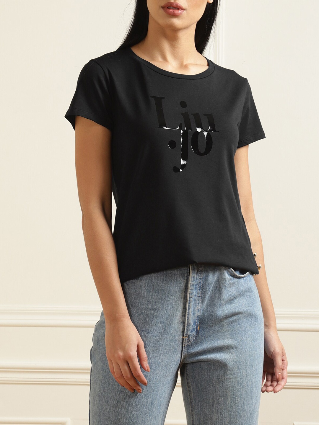 

LIU JO Black Typography Printed Pure Cotton Top