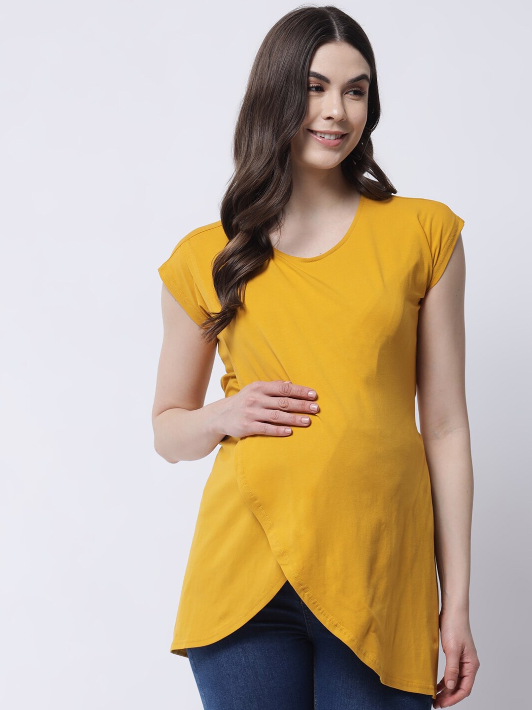 

The Vanca Yellow Solid Maternity Wrap Top with Feeding Access