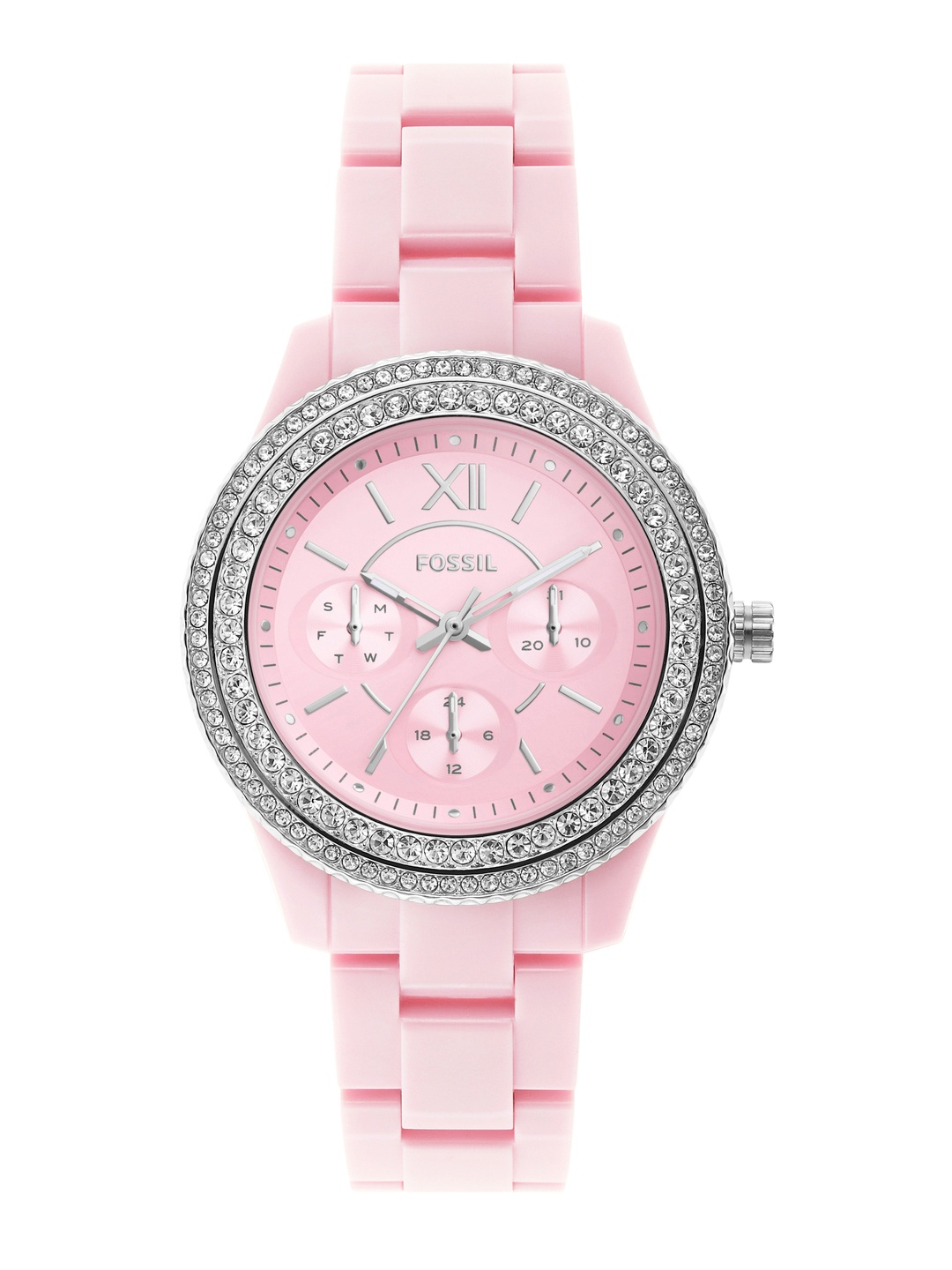 

Fossil Women Pink Embellished Dial & Pink Ceramic Bracelet Style Straps Analogue Watch