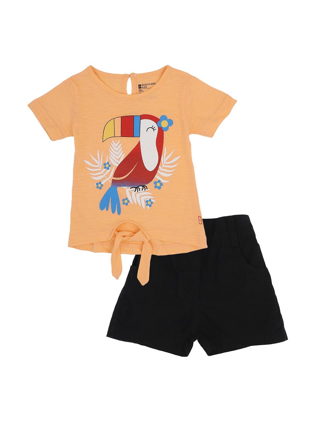 

Bodycare Kids Girls Peach-Coloured & Black Printed Pure Cotton Top with Shorts