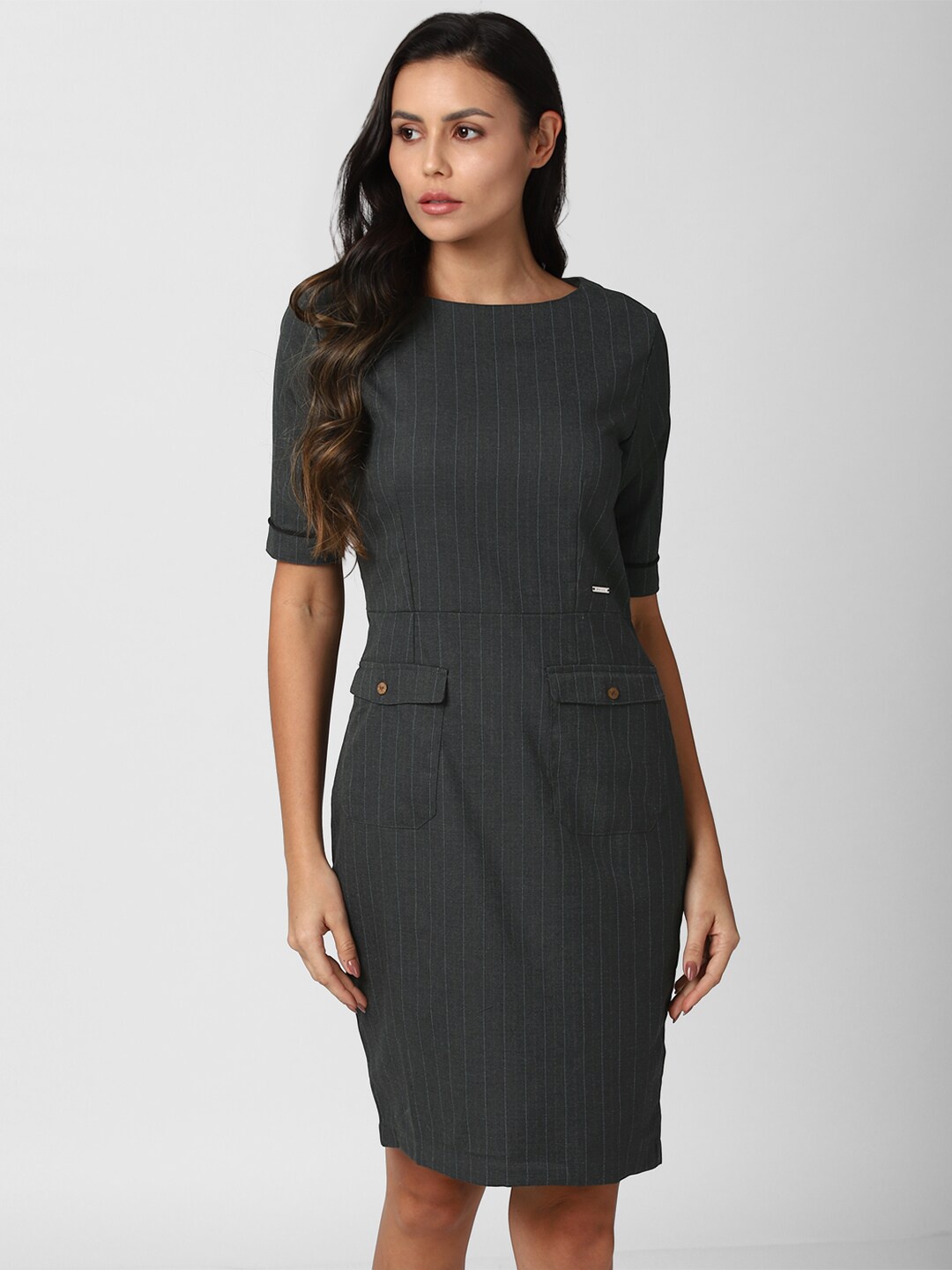 

Van Heusen Woman Grey Striped Sheath Dress