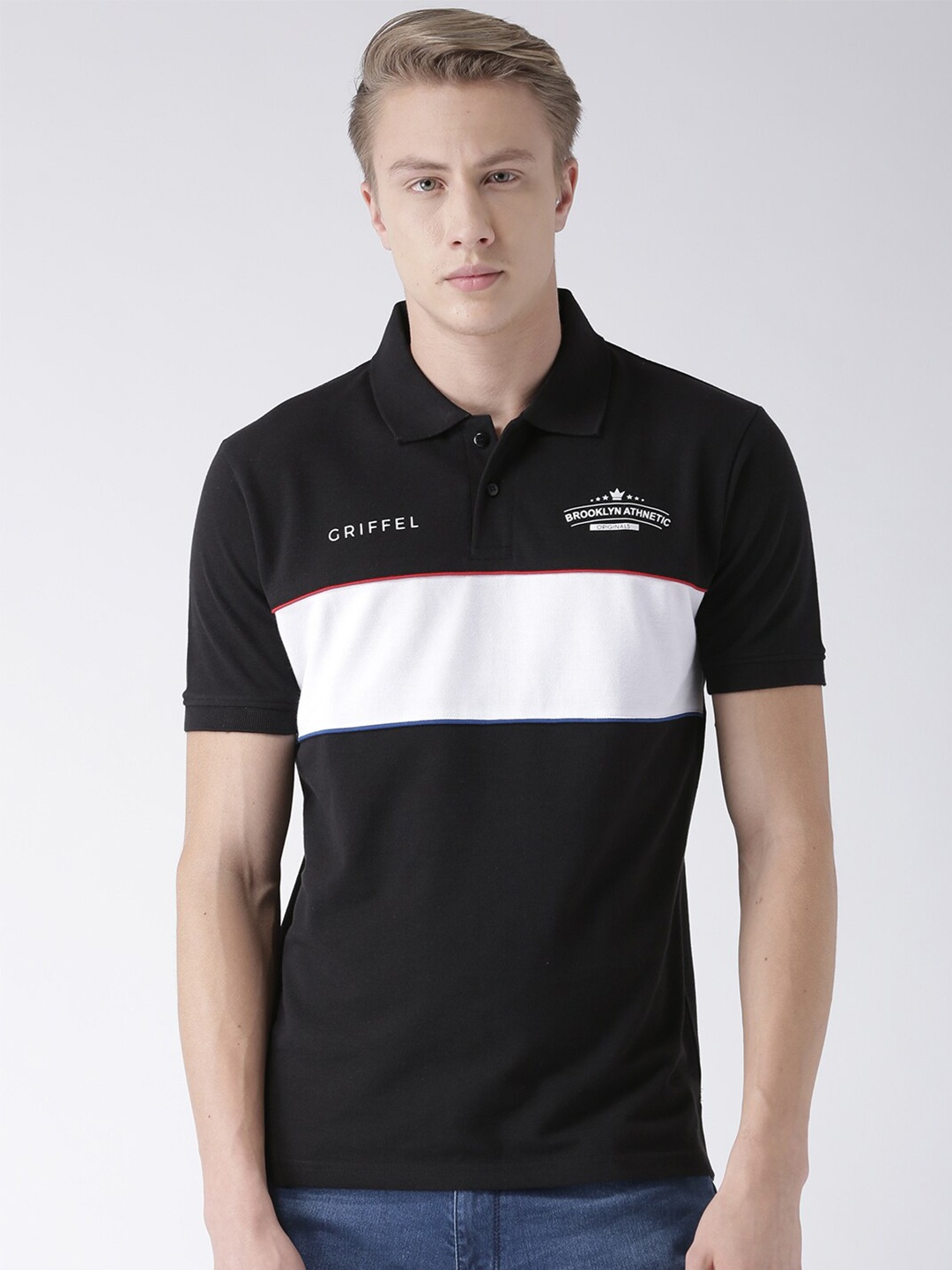 

GRIFFEL Men Black Colourblocked Polo Collar T-shirt