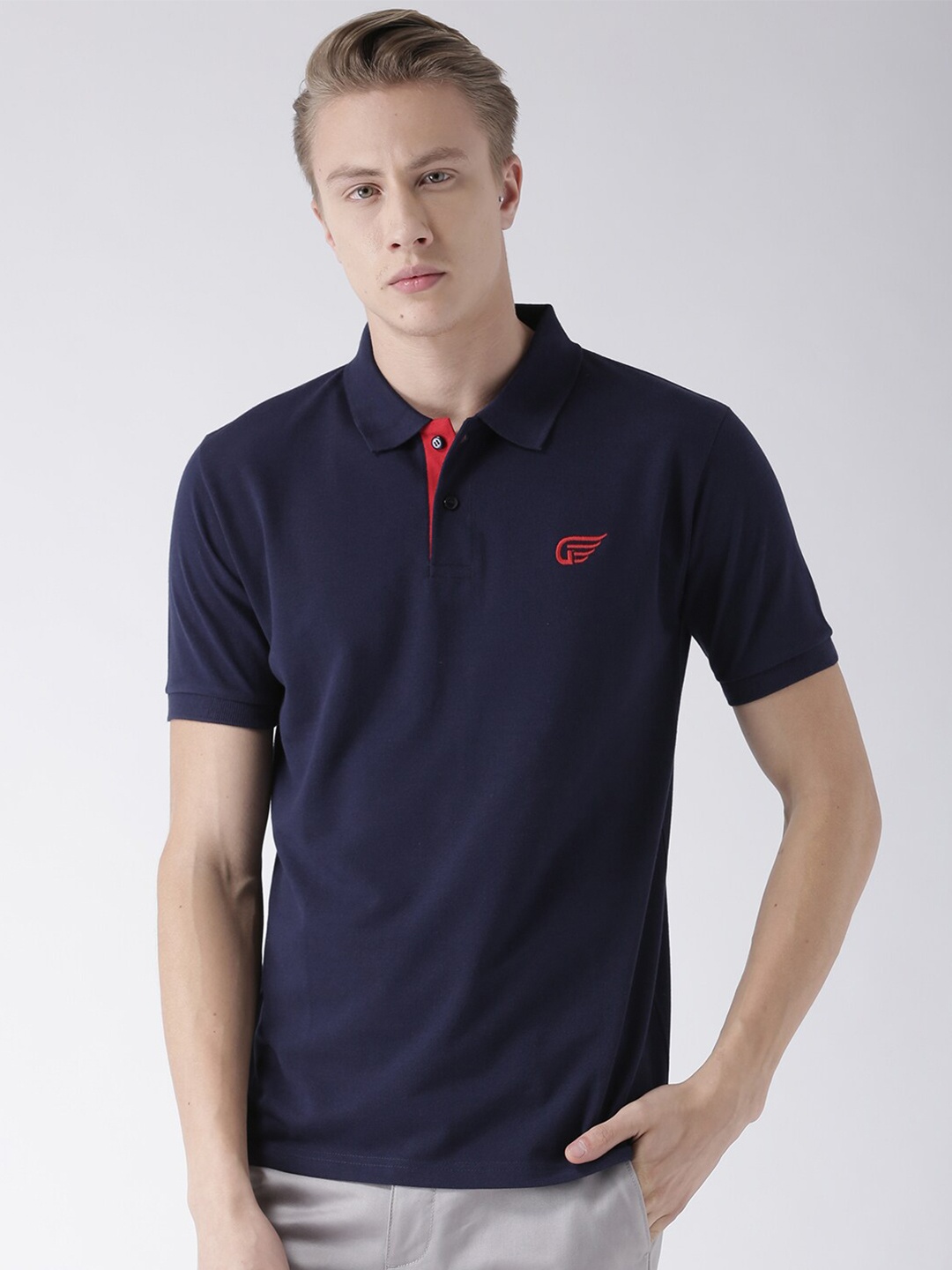 

GRIFFEL Men Navy Blue Polo Collar Cotton T-shirt