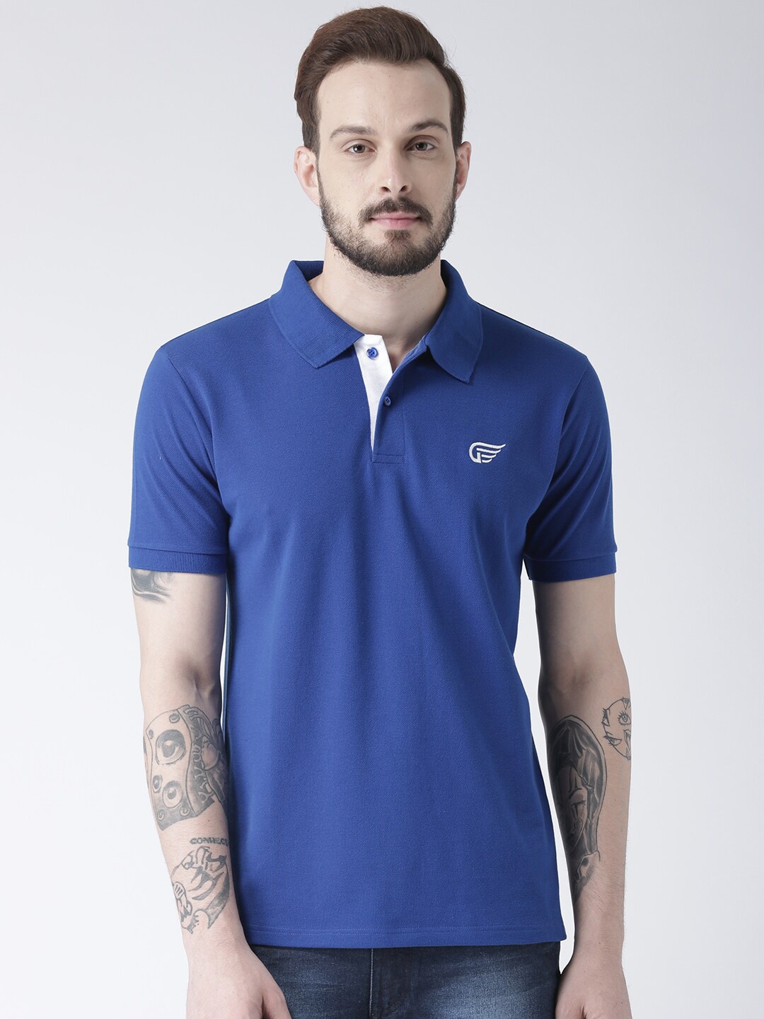 

GRIFFEL Men Blue Polo Collar Cotton T-shirt