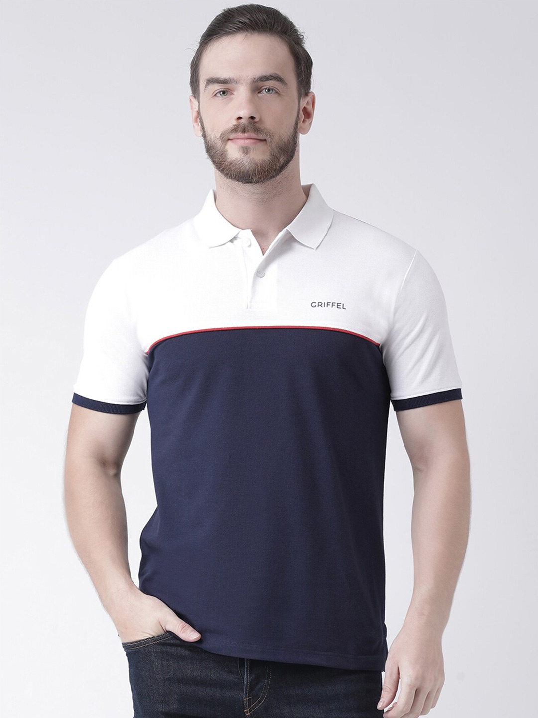 

GRIFFEL Men Navy Blue Colourblocked Polo Collar T-shirt