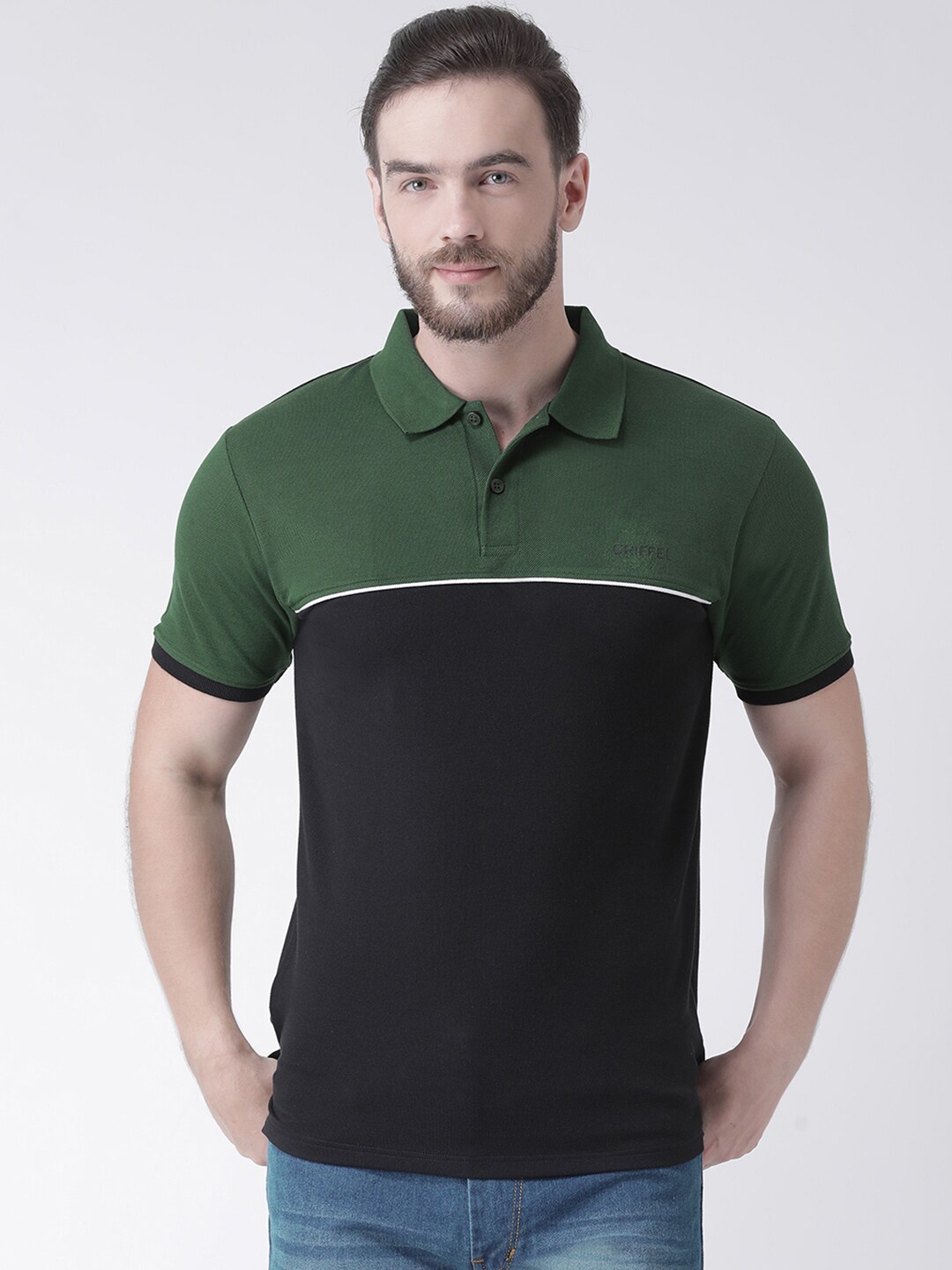 

GRIFFEL Men Olive And Black Colourblocked Polo Collar Cotton T-shirt