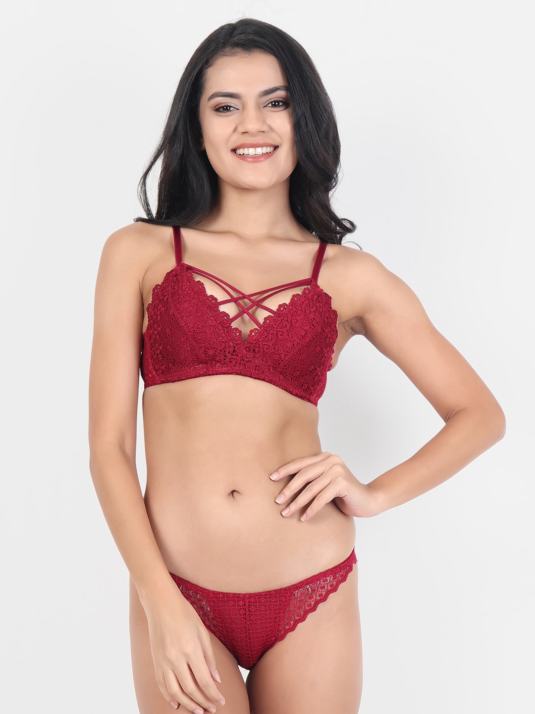 

Lebami Maroon Self Designed Lace Lingerie Set