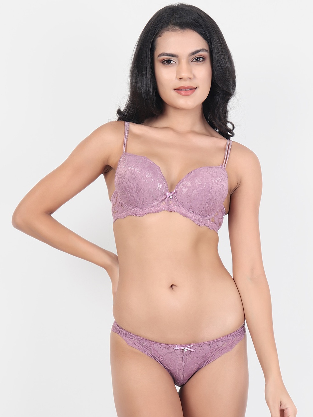 

Lebami Purple Self Designed Lace Lingerie Set