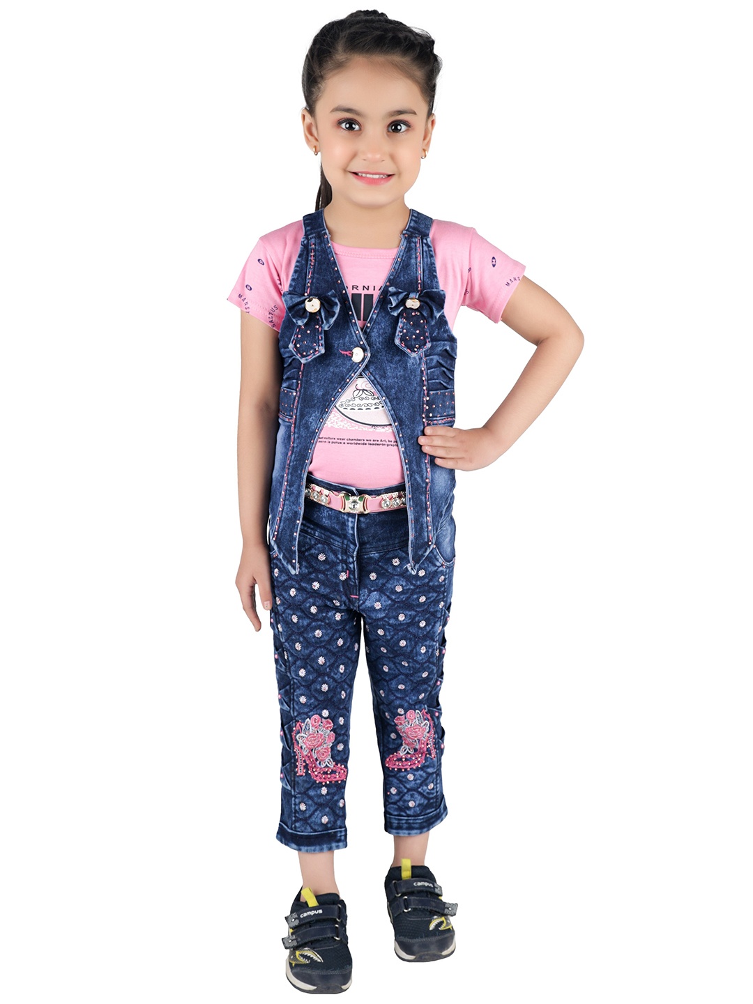 

ahhaaaa Girls Pink & Blue Printed Pure Cotton Top with Jeans & Denim Jacket