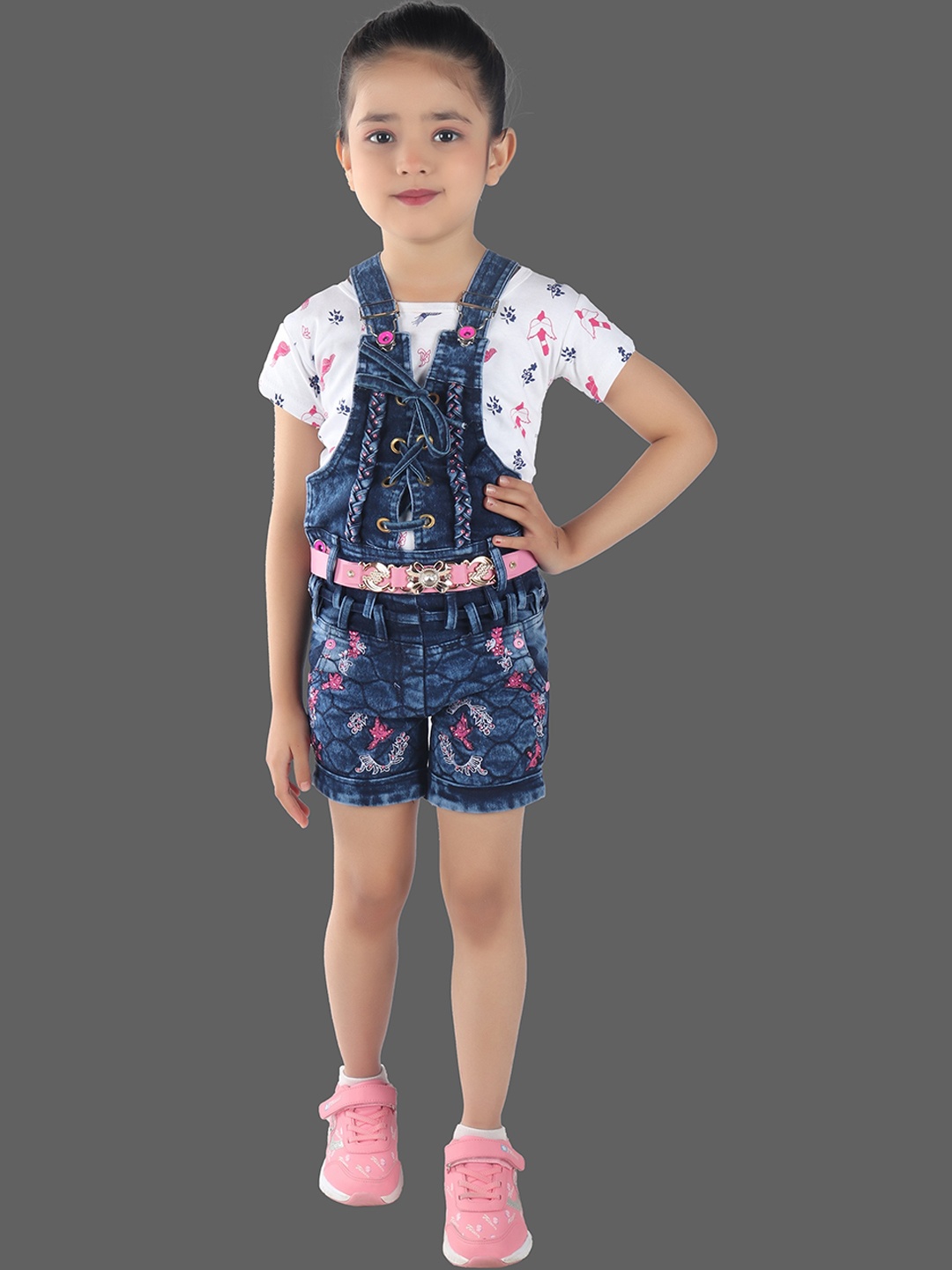 

ahhaaaa Girls White & Blue Printed Pure Cotton Denim Dungaree Set, Navy blue