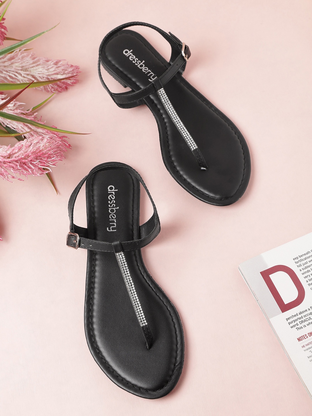 

DressBerry Women Black Embellished T-Strap Flats