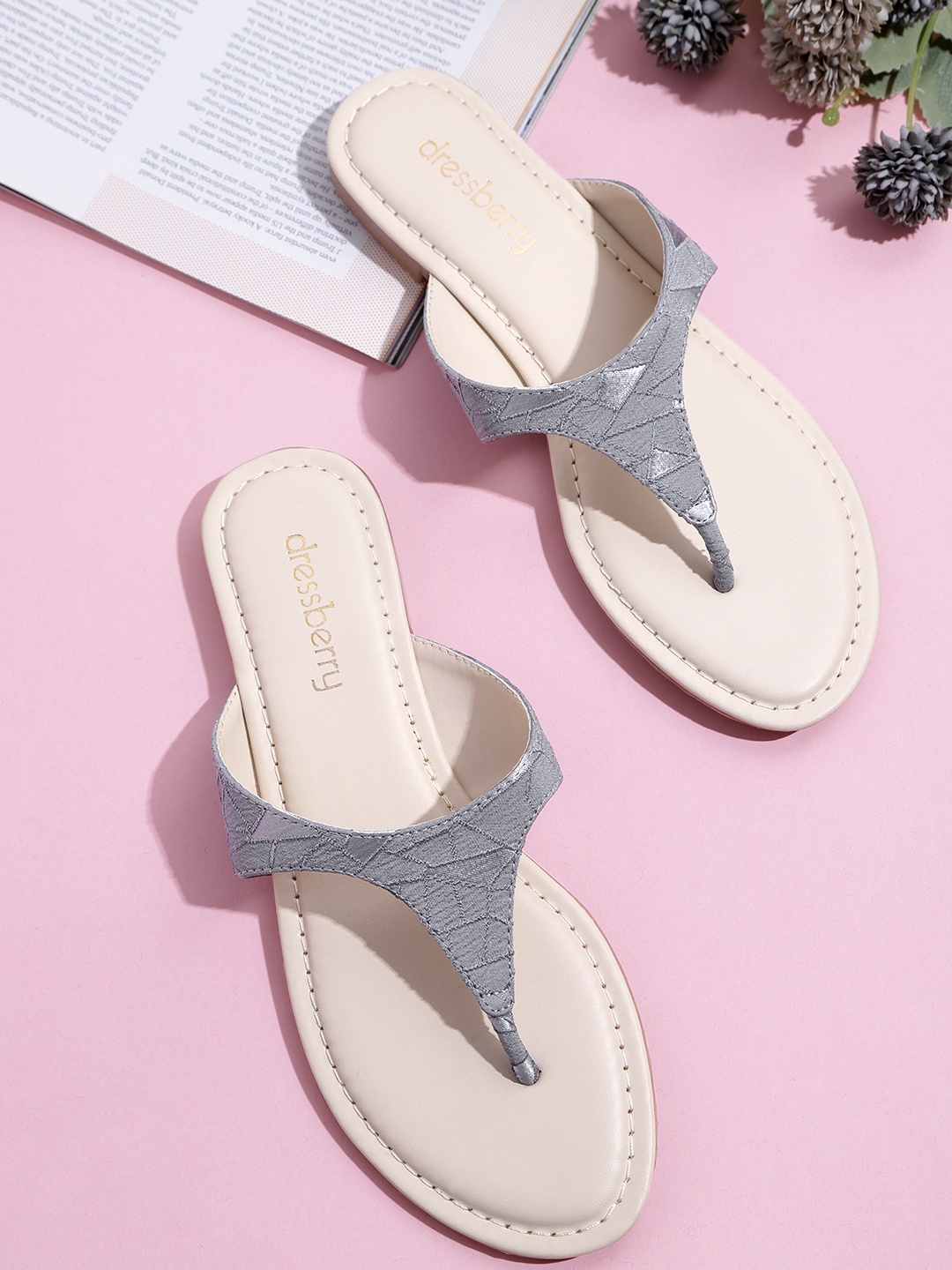 

DressBerry Women Grey Textured T-Strap Flats