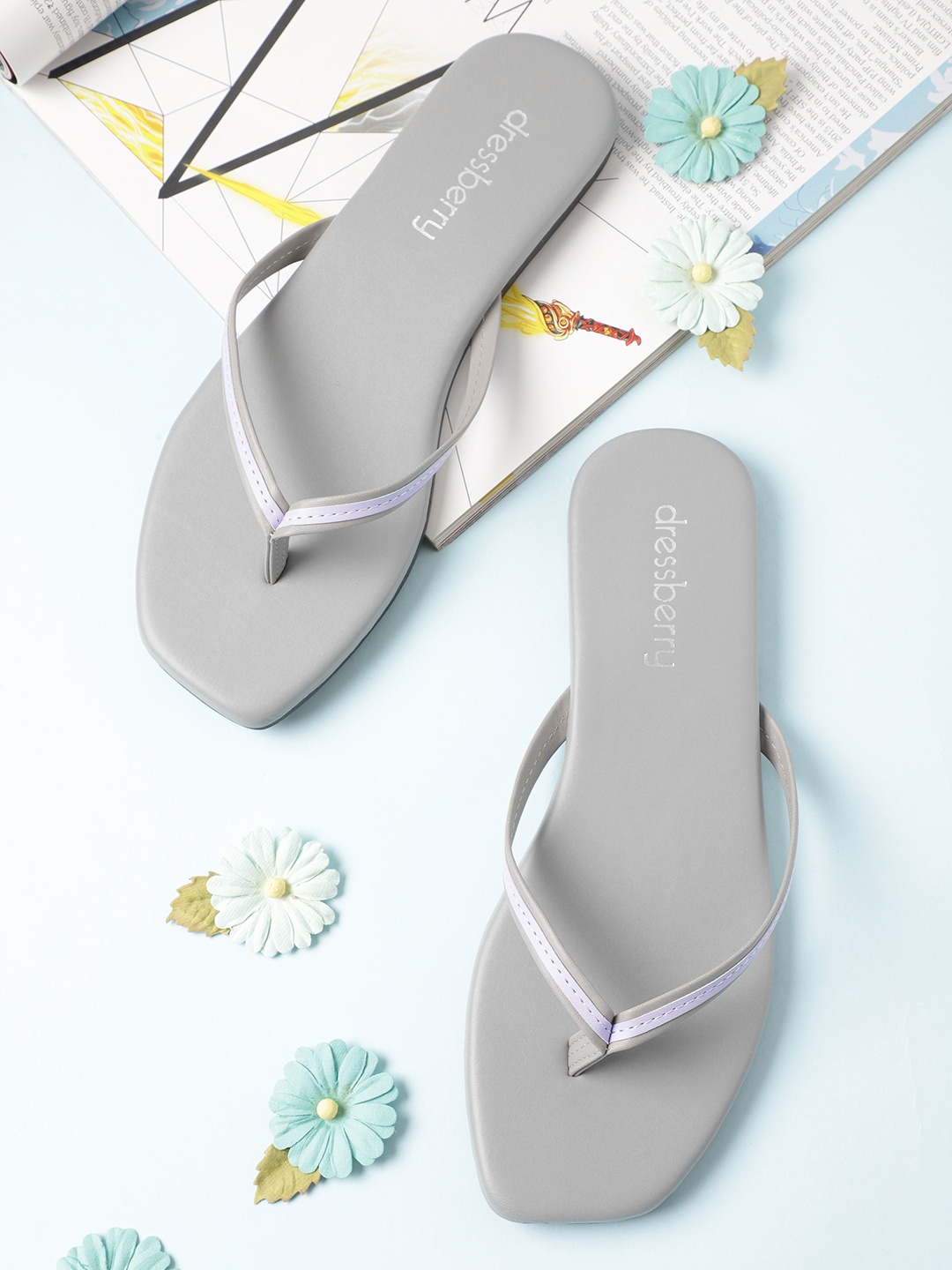 

DressBerry Women Grey & Purple Striped Open Toe Flats
