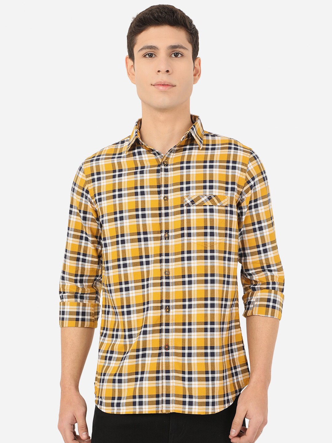 

JADE BLUE Men Yellow Slim Fit Tartan Checks Checked Pure Cotton Casual Shirt