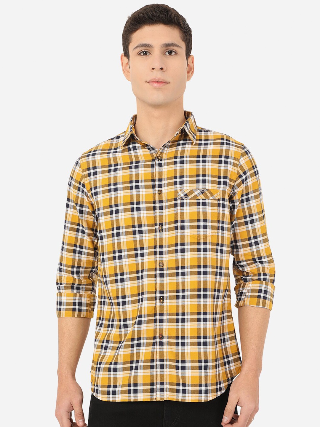 

JADE BLUE Men Yellow Slim Fit Tartan Checks Cotton Casual Shirt