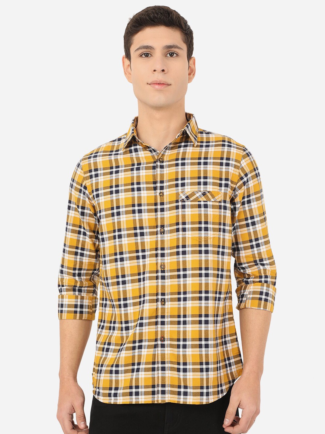 

JADE BLUE Men Yellow Slim Fit Tartan Checks Checked Pure Cotton Casual Shirt