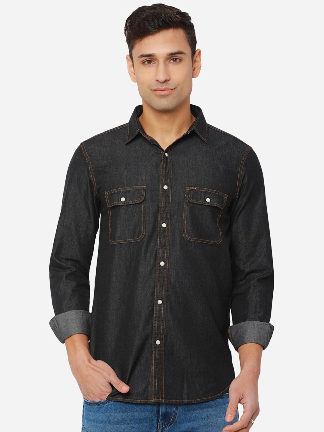 

JADE BLUE Men Black Slim Fit Pure Cotton Casual Shirt