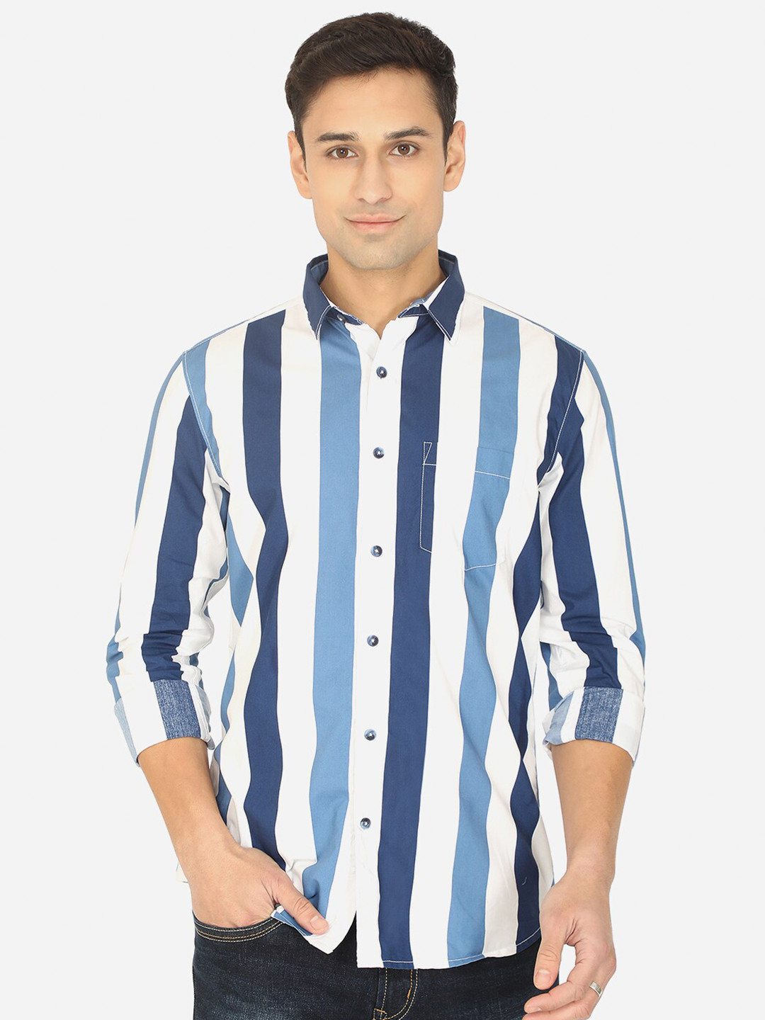

JADE BLUE Men Blue & White Slim Fit Striped Pure Cotton Casual Shirt