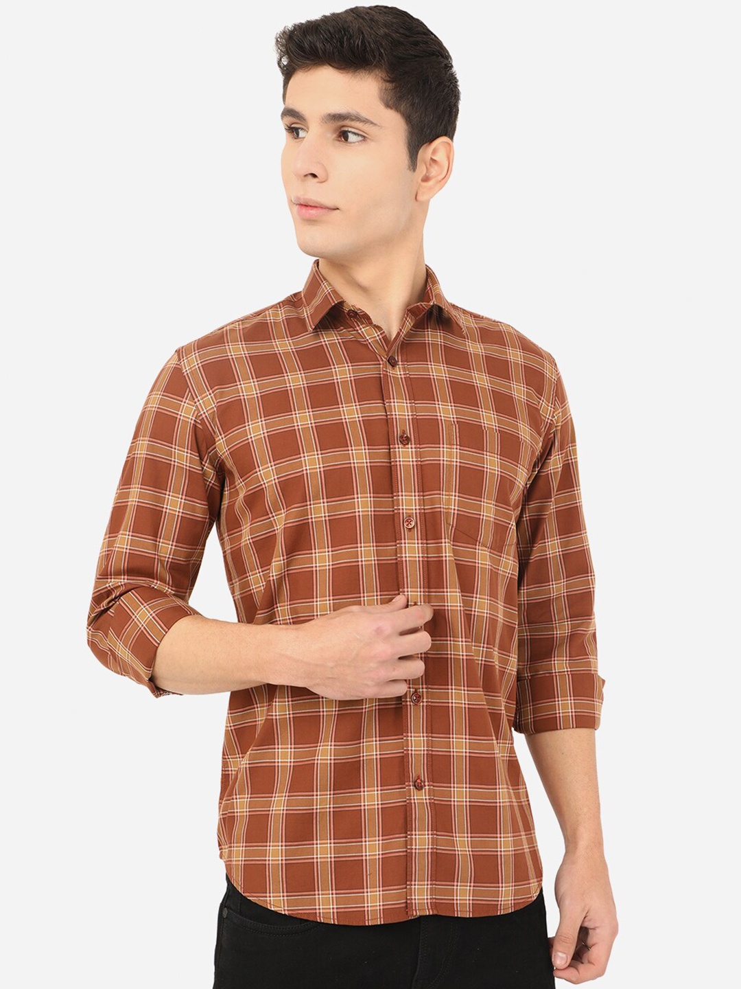 

JADE BLUE Men Brown Slim Fit Checked Cotton Casual Shirt