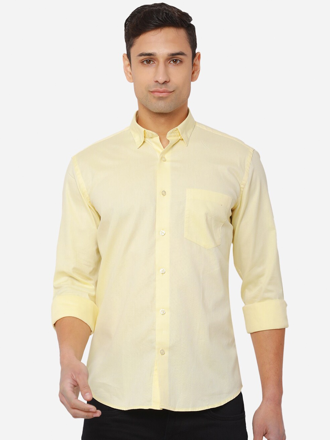 

JADE BLUE Men Cream-Coloured Solid Slim Fit Cotton Casual Shirt