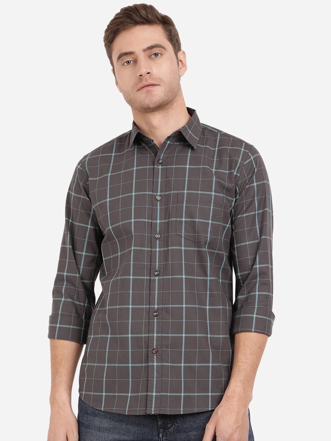 

JADE BLUE Men Grey Slim Fit Windowpane Checked Pure Cotton Casual Shirt