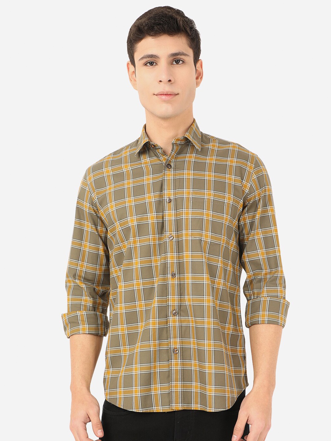 

JADE BLUE Men Olive Green & Mustard Yellow Slim Fit Checked Pure Cotton Casual Shirt