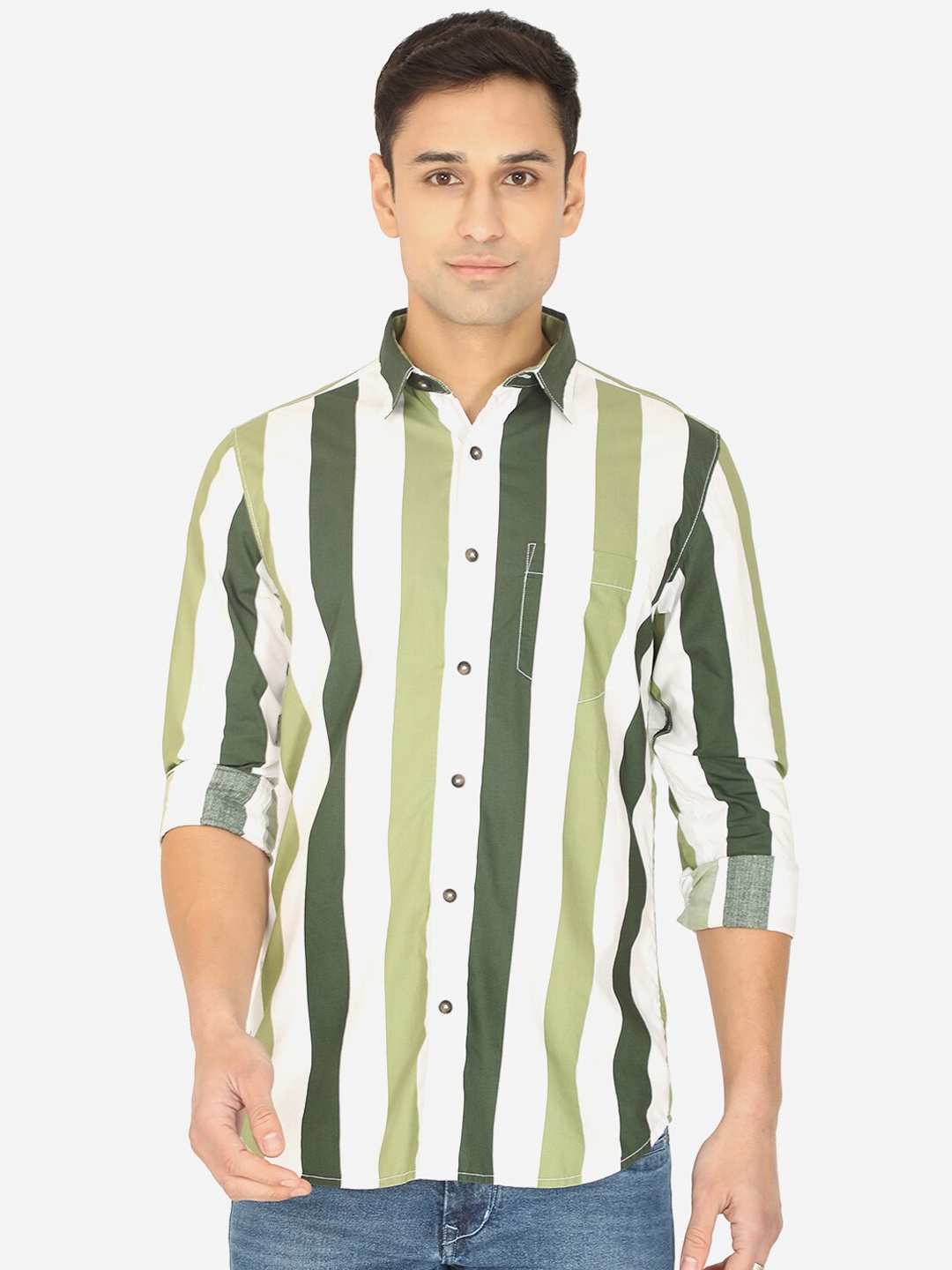 

JADE BLUE Men Green Slim Fit Striped Cotton Casual Shirt