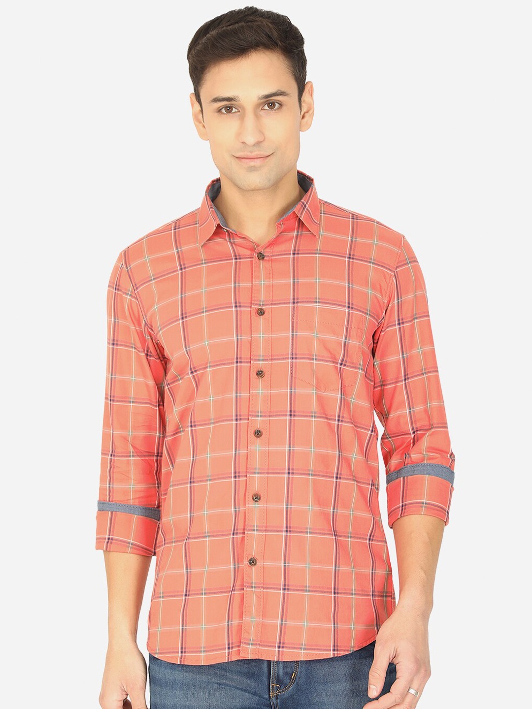 

JADE BLUE Men Peach-Coloured Slim Fit Checked Casual Shirt