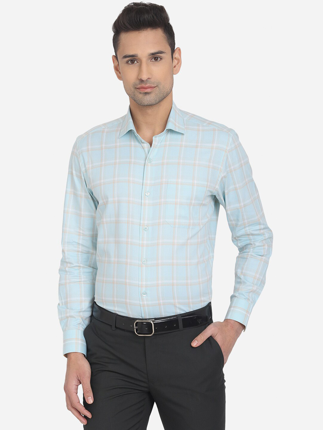 

JADE BLUE Men Blue Slim Fit Checked Pure Cotton Formal Shirt