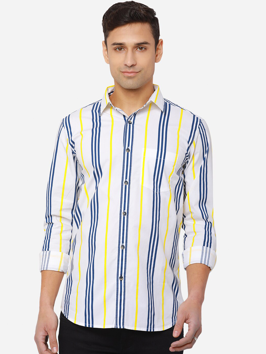 

JADE BLUE Men White Slim Fit Striped Cotton Casual Shirt
