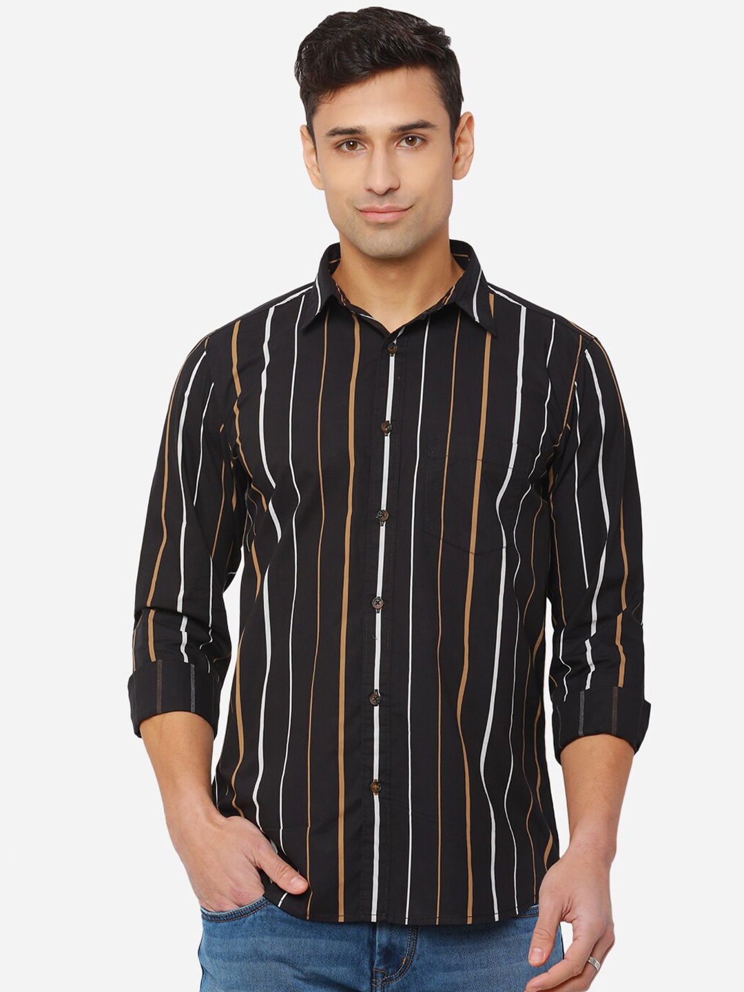 

JADE BLUE Men Black Slim Fit Striped Cotton Casual Shirt