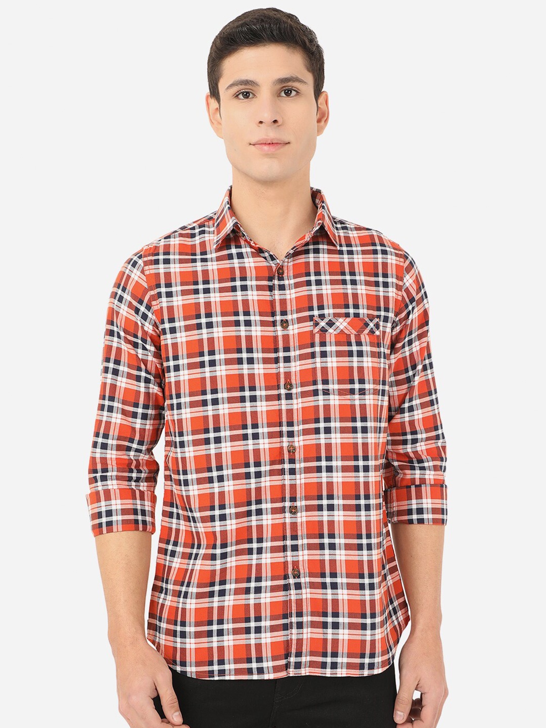 

JADE BLUE Men Red & Navy-Blue Slim Fit Checked Pure Cotton Casual Shirt