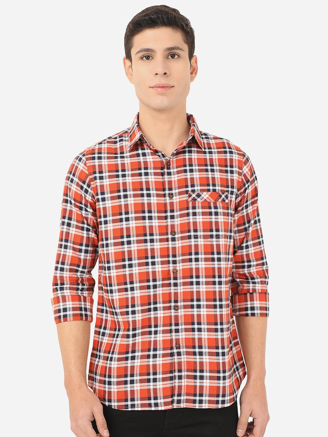 

JADE BLUE Men Red Slim Fit Tartan Checked Pure Cotton Casual Shirt