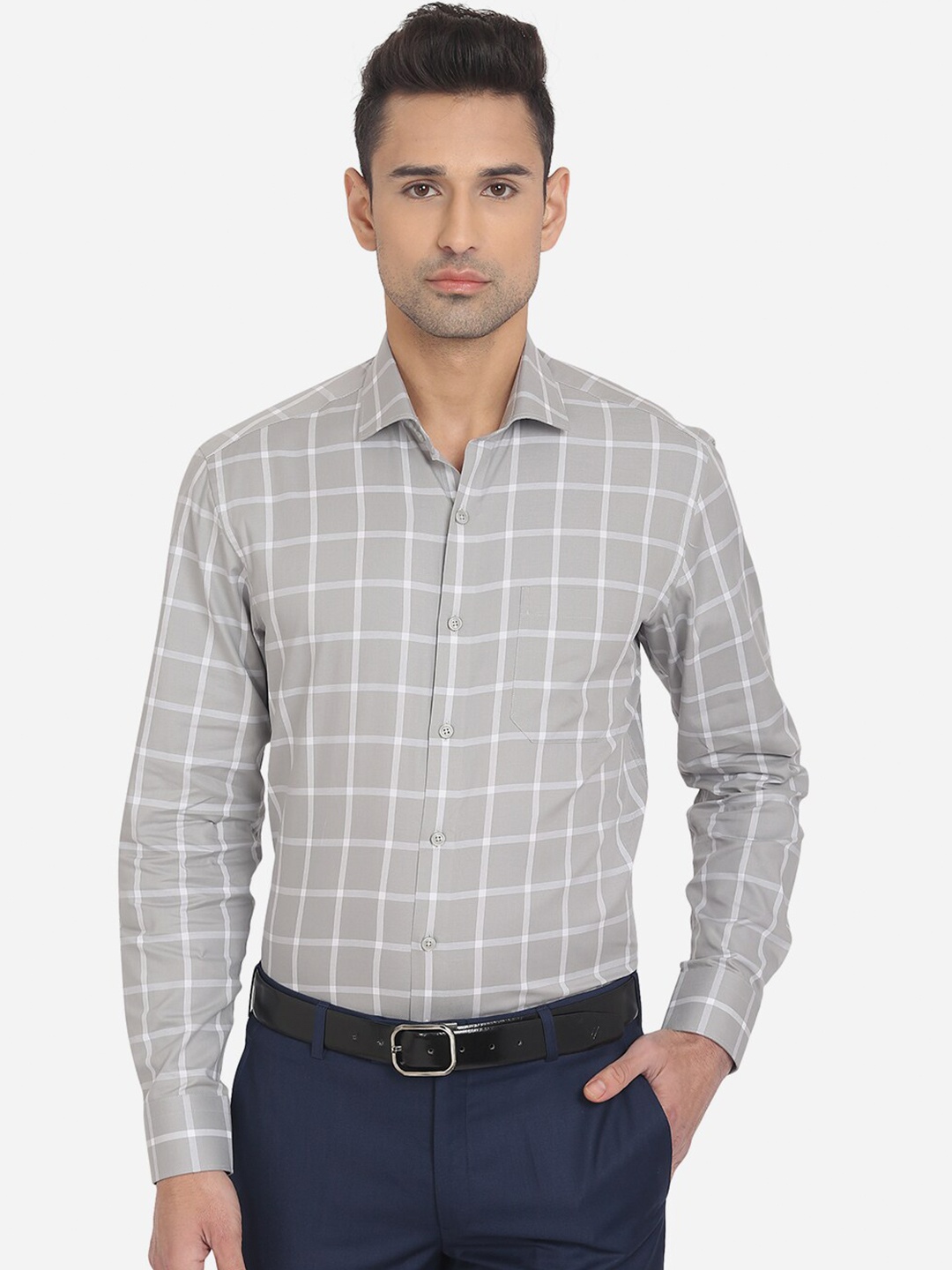 

JADE BLUE Men Grey Slim Fit Windowpane Checks Cotton Formal Shirt