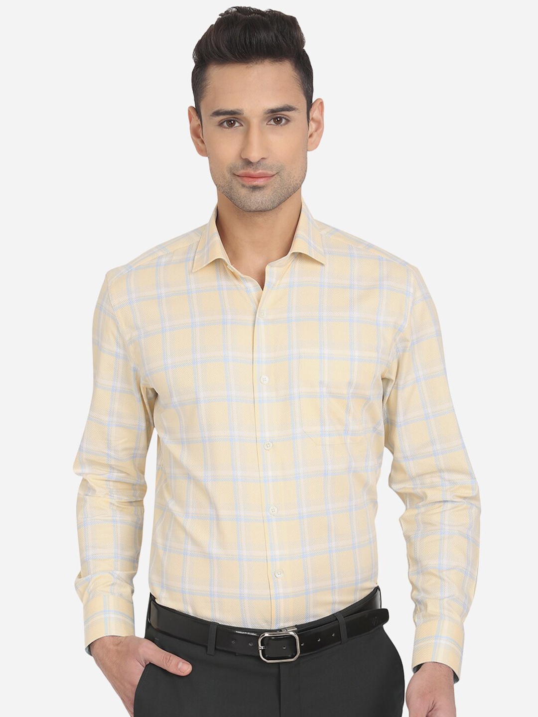 

JADE BLUE Men Yellow Slim Fit Checked Cotton Formal Shirt