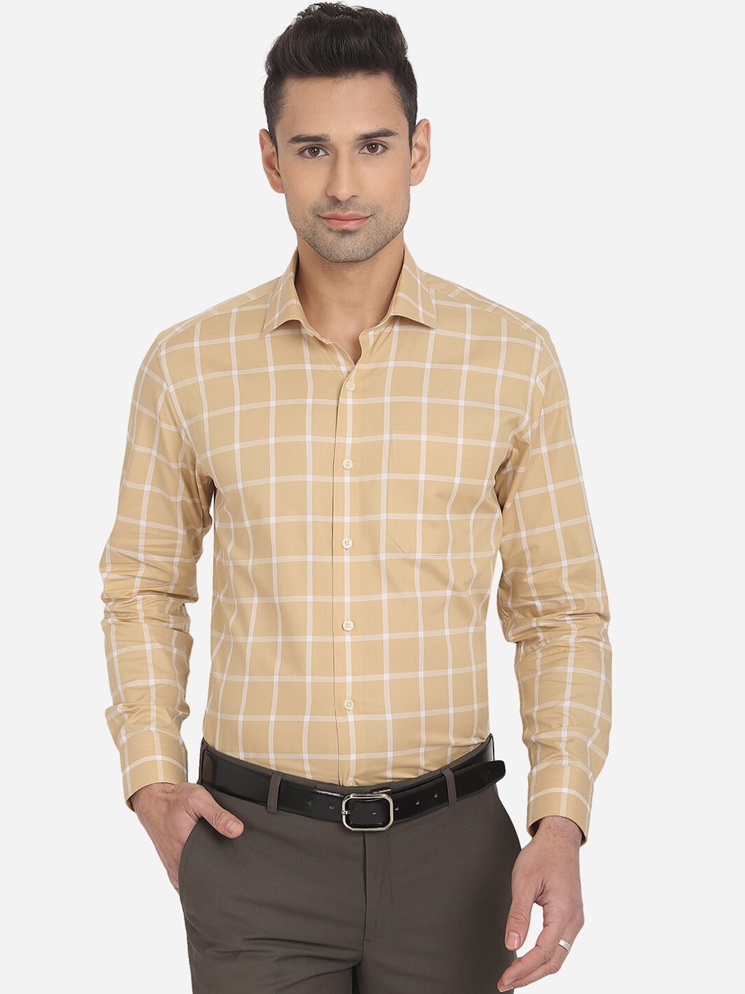 

JADE BLUE Men Beige Slim Fit Checked Cotton Formal Shirt