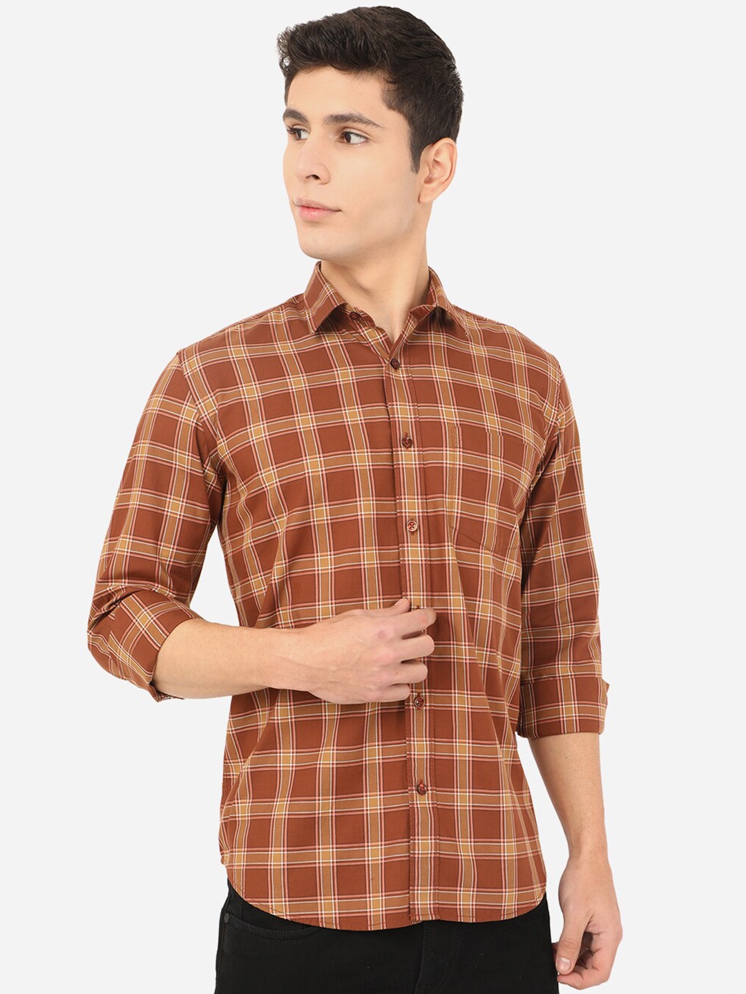 

JADE BLUE Men Brown Slim Fit Tartan Checks Checked Cotton Casual Shirt