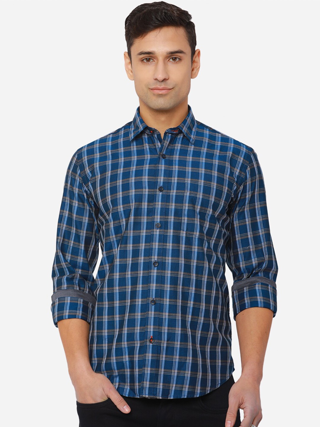 

JADE BLUE Men Blue Slim Fit Checked Cotton Casual Shirt