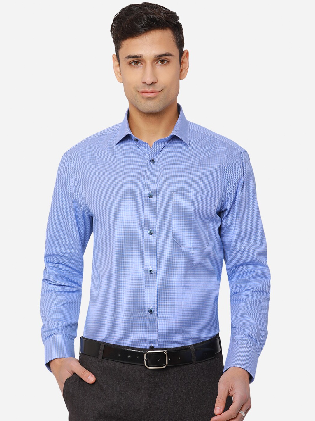 

JADE BLUE Men Blue Micro Checked Formal Cotton Shirt
