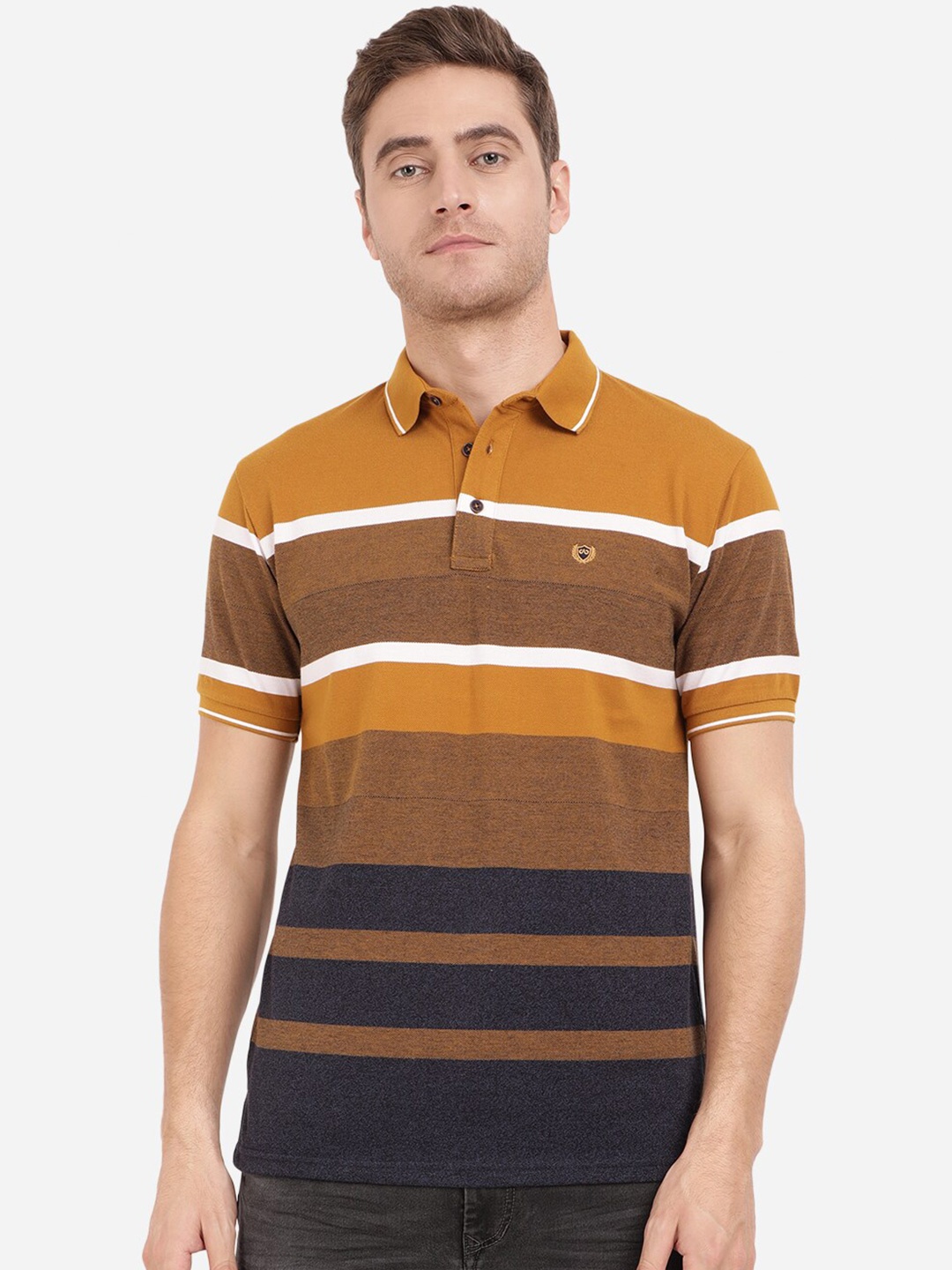 

JADE BLUE Men Mustard Yellow & Brown Striped Polo Collar Slim Fit Cotton T-shirt