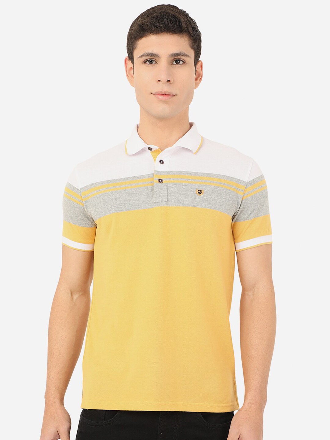 

JADE BLUE Men Yellow & White Colourblocked Polo Collar Slim Fit Pure Cotton T-shirt